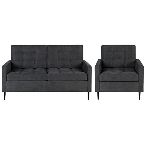 AILEEKISS 2 Piece Living Room Sofa Set Loveseat Couch Sets Modern Mid Century Tufted Fabric Furniture Sectional Sofa Sets 2 Pcs for Office, Bedroom, Apartment (2-Seat+1-Seat, Dark Grey)