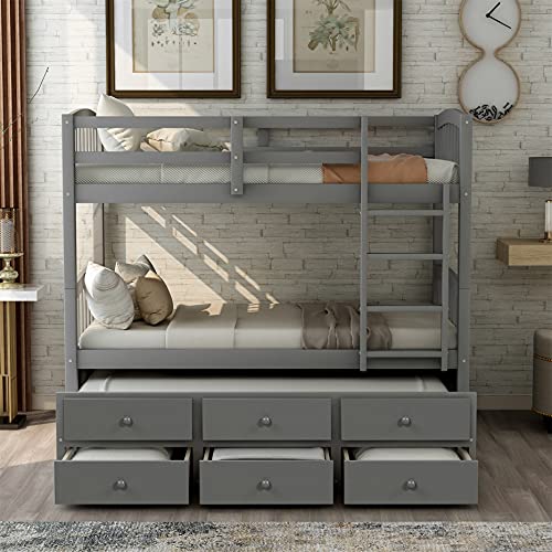Twin Over Twin Bunk Bed with Ladder and Storage Drawers, Wood Bunk Bed with Safety Rail and Trundle for Kids Teens Adults, No Box Spring Required (Gray)