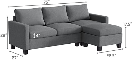 KIMIN Convertible Sectional Sofa Couch L-Shaped Settee with Soft Cushion, Comfortable Backrest and Modern Linen Fabric for Small Space, Living Room, Dark Gray (Dark Gray)