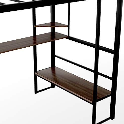 Harper & Bright Designs Twin Loft Bed with Desk and Shelves, Metal Loft Bed Twin Size with Ladder and Guard Rail for Teens Workstation Desk ,Space Saving Loft Bed Frame (Black+MDF,Twin Loft)
