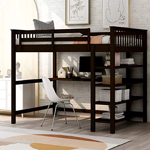Full Size Loft Bed , Loft Bed with Desk and Storage Shelves, Rubber Wooden Loft Bed Full , No Box Spring Needed (Full, Espresso)