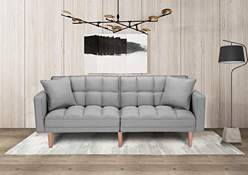 Knocbel Upholstered Fabric Convertible Futon Sleeper Sofa Bed with Armrest & 2 Pillows, Loveseat Sofa, Twin Sleeper Bed, 600 Lbs Weight Capacity (Light Grey)