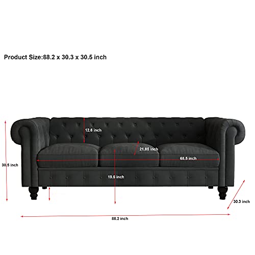Button Tufted Velvet Couch Dark Gray,JULYFOX Velvet Chesterfield Sofa with Rolled Arms Black Wood Legs 750 lbs Heavy Duty 88 in Wide for Home Living Room