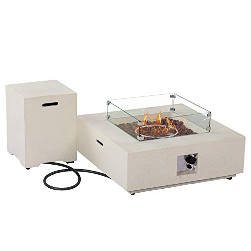 COSIEST 35-inch Square Outdoor Sandstone Propane Fire Pit w Wind Guard and Side Table, 50,000 BTU Stainless Steel Burner, Free Lava Rocks and Rain Cover, Metal Lid