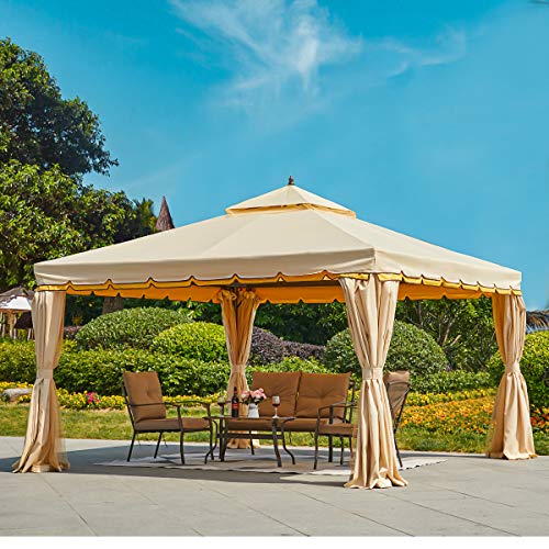 Erommy 12’ x 12’ Outdoor Canopy Gazebo Double Roof Patio Gazebo Steel Frame with Netting and Shade Curtains for Garden,Patio, Party Canopy-Beige