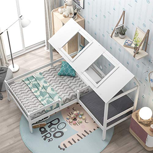 Harper & Bright Designs Twin Bed Frame with Relax Seat, Solid Wood House Bed for Kids Included Free Cushions, Toddler Bed Frame Can DecorateTent, No Box Spring Needed,White