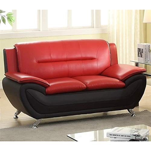 Kingway Furniture Montac Faux Leather Loveseat Sofa, Modern Couch for Living Room, Solid Wood Frame, Red Black