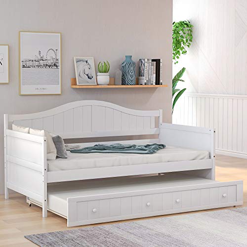 Twin Wooden Daybed with Trundle, Sofa Bed for Bedroom Living Room, Harper&Bright Designs Wood Daybed with A Trundle, Trundle Daybed Twin Size, Standard Twin Bed Frame Ship from USA (White)