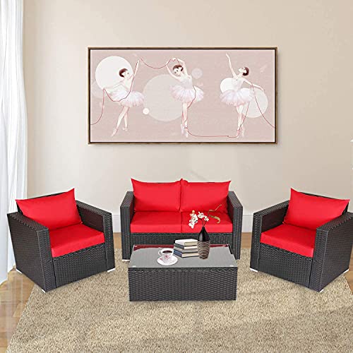 Kinsuite Convertible Sectional Sofa Couch Rattan Wicker 4 PCs Furniture Set with Table Washable Cushions Conversation Set for Living Room Red