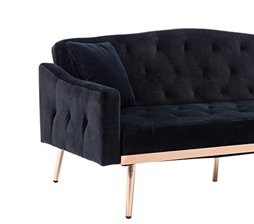 Homtique Velvet Futon Sofa Bed, Convertible Sleeper Sofa Couch, Mid Century Couch Futon with Rose Gold Metal Legs and 2 Pillows, Recliner Adjustable Loveseat for Living Room, Apartment, Bedroom,Black