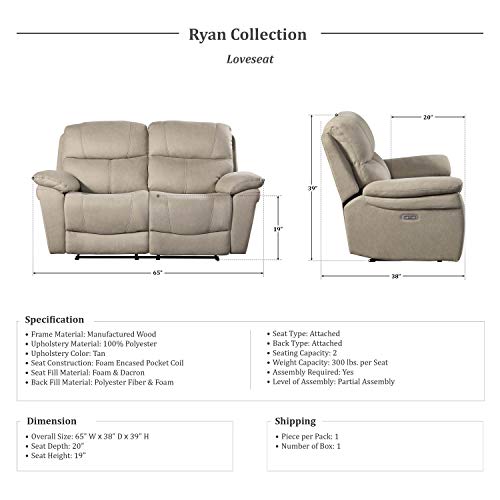 Lexicon Ryan Power Double Reclining Loveseat, Tan