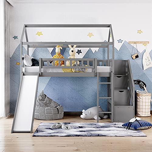 Loft Bed with Slide, House Loft Beds Twin Size with Step Storage Drawers Stairway Playhouse Bed for Kids Toddlers Girls/Boys, Gray
