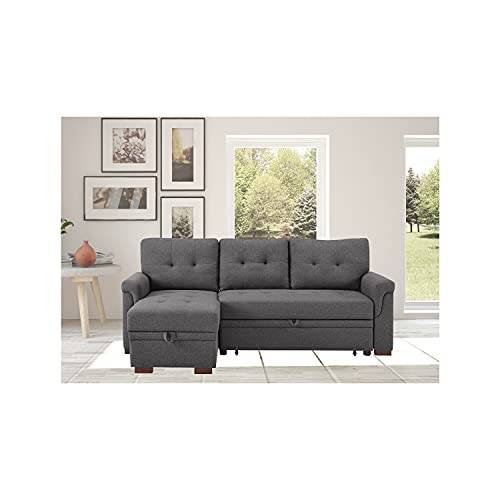 Lilola Home Hunter Dark Gray Linen Reversible Sleeper Sectional Sofa with Storage Chaise
