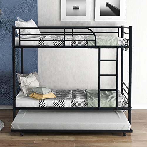 Metal Bunk Bed with Trundle, Twin Over Twin Beds Can be Divided into Two beds, Heavy Duty Triple Bed Frame with Ladders & Safety Guard Rails（Black）
