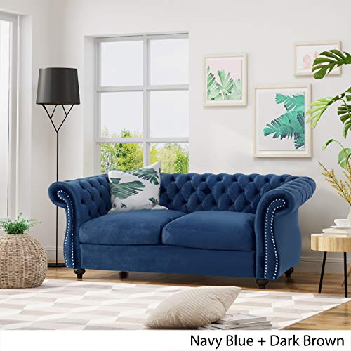 Christopher Knight Home Karen Traditional Chesterfield Loveseat Sofa, Navy Blue and Dark Brown, 61.75 x 33.75 x 27.75, 306027
