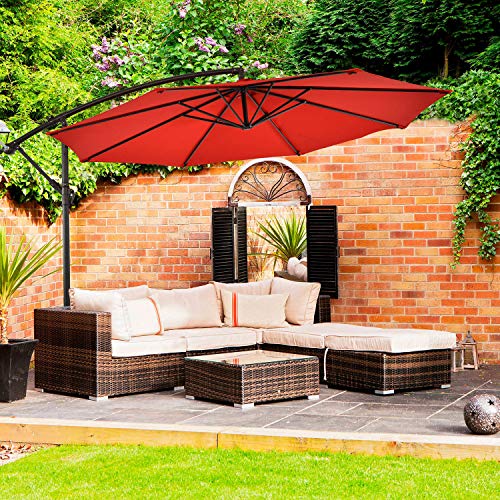 Sun-Ray 811045 10' Round Cantilever 8-Rib Offset Solar Patio Umbrella, 24 LED Lights, Crank with Adjustable Tilt, Cross Base, Aluminum Frame, Scarlet/Red