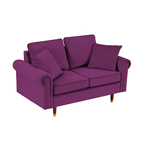 Living Room Furniture, Yoglad Velvet Loveseat, Modern 2 Seater Sofa with Wooden Legs, 2 Throw Pillows Included (Loveseat, Purple)