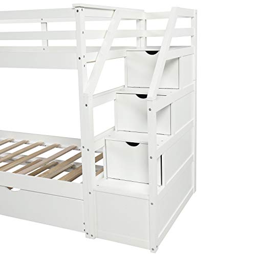 Twin Over Twin Bunk Bed with Trundle, Wooden Twin Over Bed Frame with Storage Drawers and Safety Rail Ladder, Teens Bedroom Bed, Guest Room Furniture (Snow White)