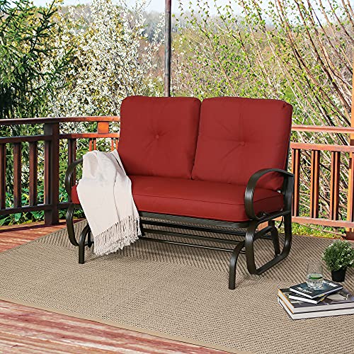 Peak Home Furnishings Indoor/Outdoor 2-Seat Glider Chair Patio Loveseat Rocking Bench with Cushions (Brown Frame/Brick Red Cushions)