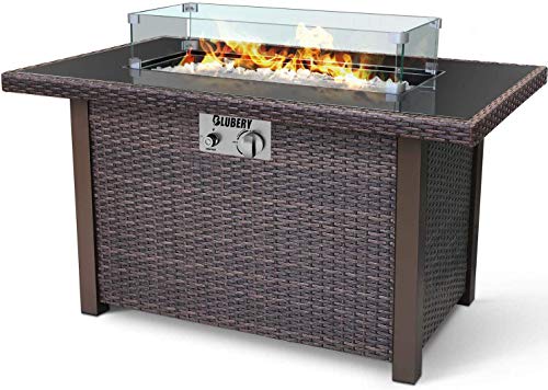 44'' Propane Fire Pit, 50,000 BTU PE Rattan Fire Pit Table with Black Tempered Glass Tabletop, Glass Wind Guard, Auto-Ignition, White Glass Stone, ETL CERT