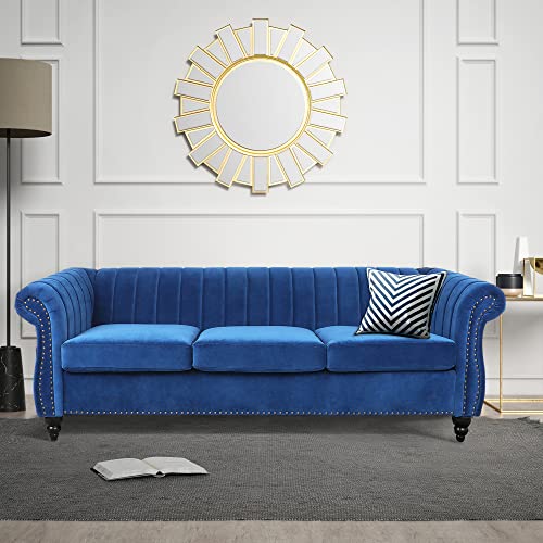 NOSGA Velvet Sofa, Large Sofa 3-Seat Couch Solid Wood Frame Legs Strong Soft Cushion Comfortable Perfect for Apartment, Dorm, Office (Sky Blue)