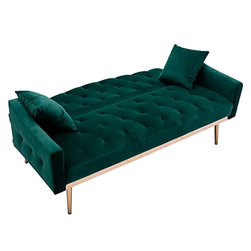 Velvet Sofa, Accent Couch Loveseat Sleeper Bed Tufted Sofa with Rose Gold Metal Feet with 2 Pillows for Living Room, Bedroom, Small Space (Green)