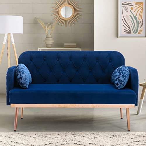 Dolonm Small Loveseats for Small Spaces, Tufted Back 2 Seater Sofa with Golden Metal Legs, Soft Velvet Couch with Elegant Moon Shape Pillows for Living Room, Bedroom, Office (Navy Blue - Velvet)