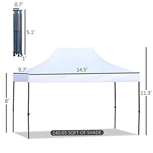 Outsunny 10' x 15' Heavy Duty Pop Up Canopy Gazebo with 3-Level Adjustable Height, Wheeled Roller Bag, UV Fighting Roof, White