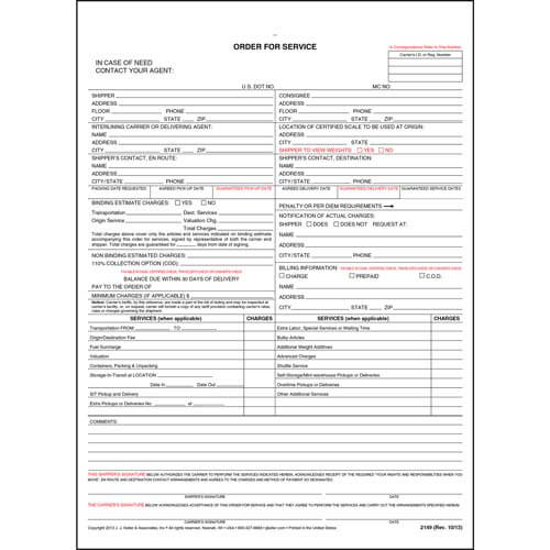JJ Keller Household Goods Form - Order for Service (Pack of 250)