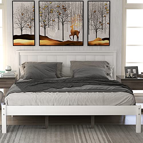 Harper & Bright Designs Queen Bed Frame with Headboard , Wood Queen Size Platform Frame, No Box Spring Needed (White, Queen)