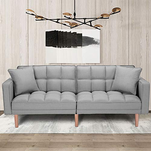 Futon Sofa Bed Convertible Loveseat, Sleeper Sofa with 2 Pillows and Solid Wood Legs, 76”L Sofa Couch for Compact Living Space, Apartment, Dorm - Light Gray