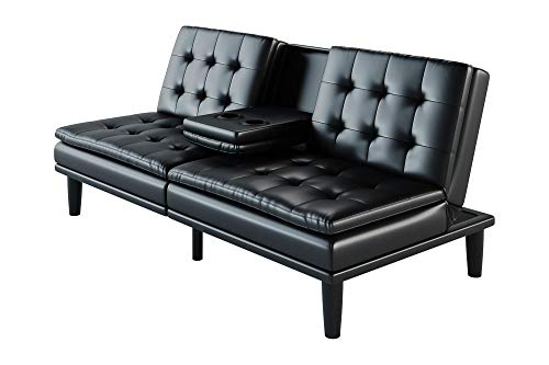 Memory Foam Faux Leather Pillowtop Futon with Cupholder, Black Faux Leather Colors Ideal for Small Living Spaces