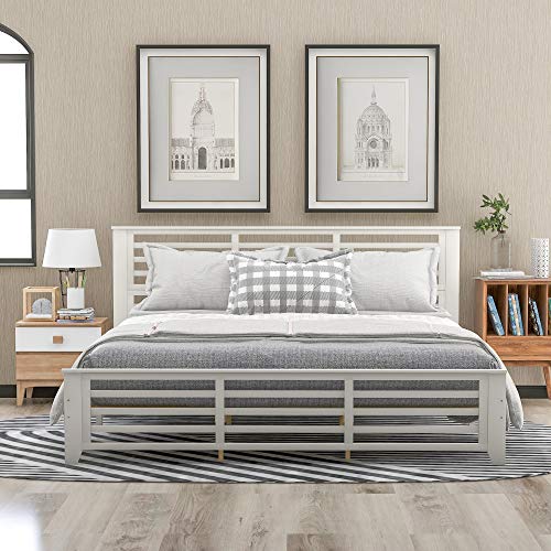 King Bed Frame with Headboard Wood Platform King Bed,No Box Spring Needed (White , King)
