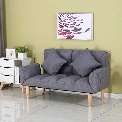 [Delivery Within 2-7 Days] Leisure Lazy Sofa Bed Couch Convertible Chair 4 in 1 Modern Style Wooden Leg Folding Game Recliner, with 2 Pillows and Movable Soft Armrests to Read and Watch TV to Relax