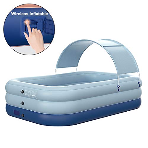 Inflatable Swimming Pool for Kids and Adults with Canopy Sunshade, Above Ground Pool with Built-in Battery Powered Pump Wireless, Portable Kiddie Lounge Blow Up Pool for Summer Outdoor