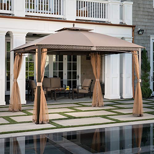 Hanover TAN Aster Aluminum and Steel Gazebo with Mosquito Netting, (9.8' D x 11.8' W x 9.7' H), ASTERGAZ Outdoor Furniture