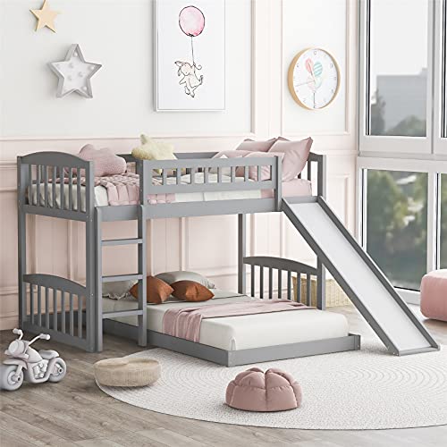 Bunk Bed with Slide, Low Bunk Bed Twin Over Twin Loft Bed Frame for Kids Boys Girls Teens, Gray
