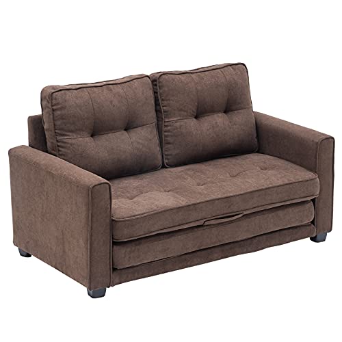 D&Y Convertible Sectional Futon Sofa Couch Pull Out Bed Loveseat Sofa Bed Modern Linen Fabric Reversible Chaise Sleeper for Living Room Limited Spaces,Brown, 55.9 x 21.26 x 23.23 inch(48083361)