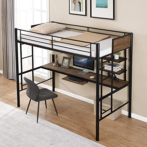 Harper & Bright Designs Metal Loft Bed Twin Size with Desk and Bookcase, Loft Bed Full-Length Guardrail, No Box Spring Needed (Black with Desk)