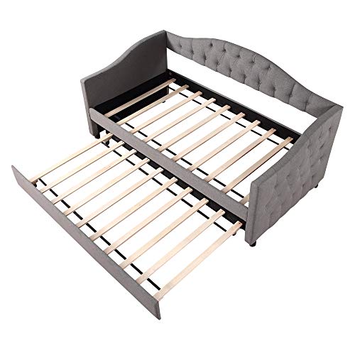 Twin Size Daybed, Upholstered Daybed with Trundle, Wood Daybed Twin Size, Wood Slat Support Day Bed Frame, Wood Trundle Bed Twin Size, No Box Spring Needed, Easy Assembly, Grey
