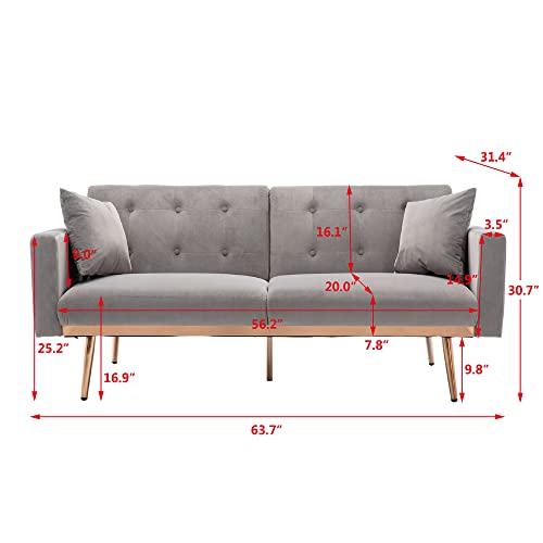 NOSGA Velvet Sofa, Modern Sleeper Sofa Couch, Convertible Loveseat Futon Sofa Bed Rose Gold Metal Feet with 2 Pillows for Living Room Bedroom (Grey)