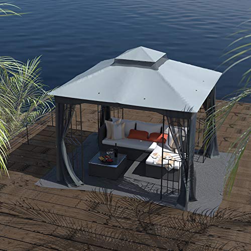 Garden Gazebo Polyester Fabric 10' x 10' Patio Backyard Double Roof Vented Gazebo Canopy with Mosquito Netting, Dark Gray