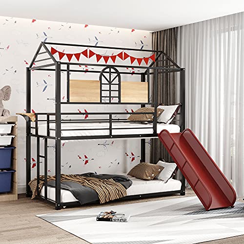Twin Over Twin Metal Bunk Bed with Slide and Integrated Ladder, Housebed Bunk Bed for Kids Toddlers, Can be Decorated with Mosquito nets (Black with Red Slide)