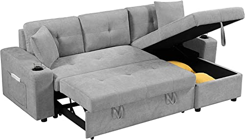 UNIROI Light Gray Sectional Sofa Convertible Sleeper Bed with Storage Chaise Lounge,Side Pockets,Cup Holders,2 Pillows, Modern Linen L-Shape Couch for Living Room Apartment Furniture