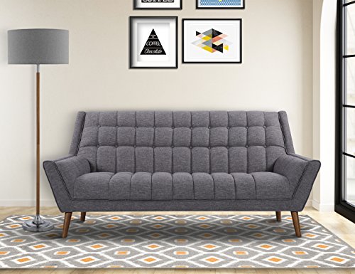 Armen Living Cobra Sofa in Dark Grey Linen and Walnut Wood Finish