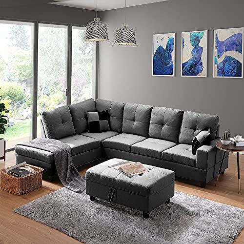 STARTOGOO Modern Micro Suede Fabric Sectional Grey, L-Shaped Corner with Left Chaise Lounge, Storage Ottoman and 2 Pillows Sofa Home Living Room Furniture Set, Gray