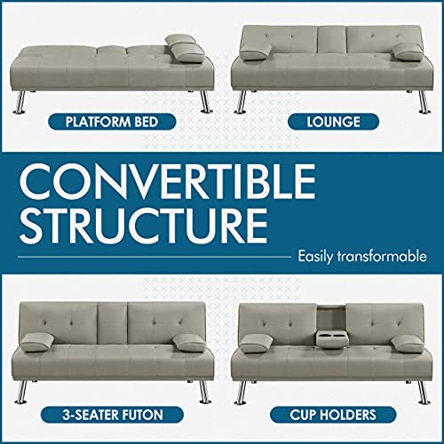 Yaheetech Linen Fabric Sofa Bed Modern Couch Bed Folding Recliner Sleeper Reversible Loveseat Convertible Daybed Sofa w/ 2 Cup Holders Removable Armrests 3 Adjustable Angles 772lb Capacity Beige