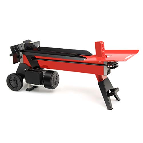Goplus Electric Log Splitter, 7-Ton Hydraulic Horizontal Wood Splitter w/ 2000W Motor, Durable Transport Wheels and Control Lever Guard, Red