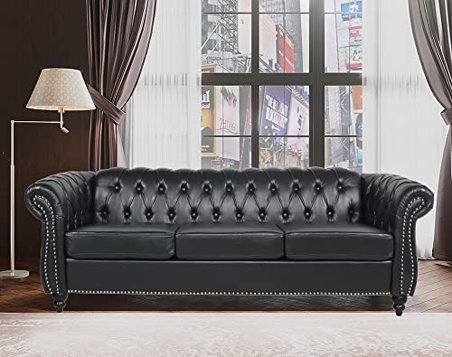 DEINPPA Chesterfield Faux Leather Fabric Sofa with Rolled Arm and Nailhead 84