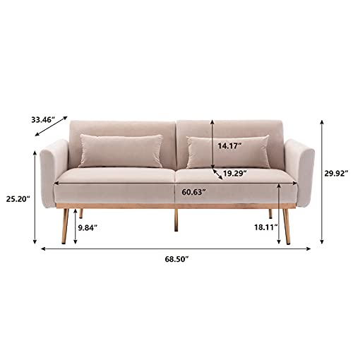 Takefuns Velvet Sofa Couch, Mid Century Modern Sofa Bed, Convertible Futon Sleeper Sofa with Golden Metal Legs, Loveseat Recliner Couch for Living Room Bedroom, Beige